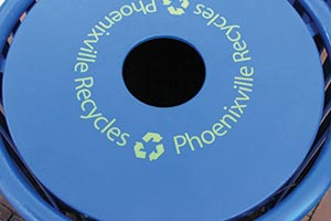 Phoenixville flat lid decal on litter receptacle