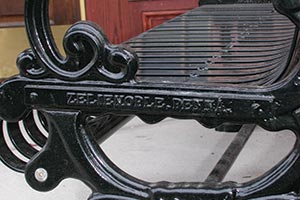 Lamplighter Bench with town name Nameplate closeup