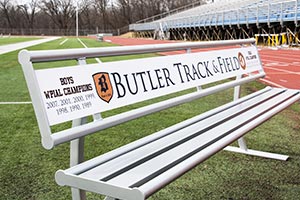 Track and Field signage on Penn Bench with Back