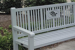 Silver Reading bench with laser cut logo