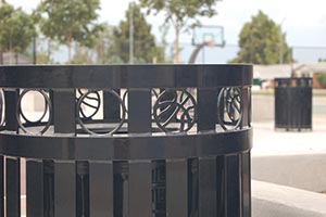 Basketball shaped laser cut designs on a Litter Receptacle