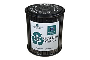 Reading recycling receptacle with a custom decal wrap and lid