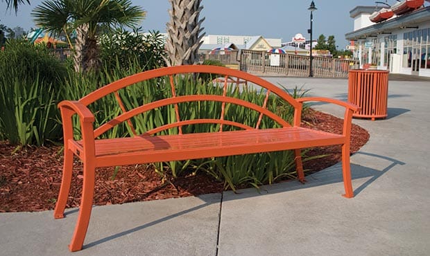 Kerrington bench and Reading litter receptacle at Broadway at the Beach