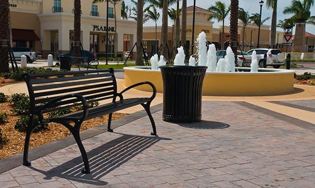 Schenley bench and Harmony litter receptacle at outdoor shopping center