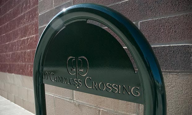 Sonance bike rack with laser cut logo at McCandless Crossing