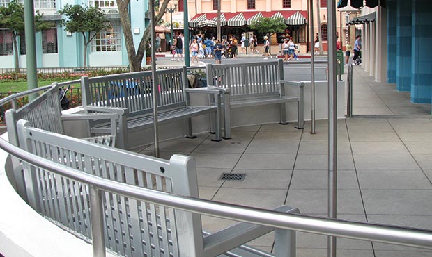 Reading benches outside a restaurant in Disneyworld