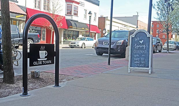 Sonance bike rack outside a retail store