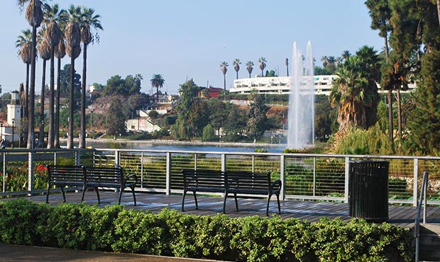 Schenley Benches and Reading Litter Receptacle along Echo Park Lake boardwalk