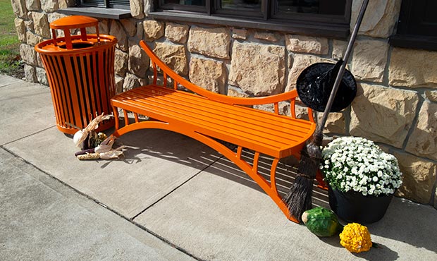 Dragonfly Bench and Harmony Litter Receptacle with festive fall decorations