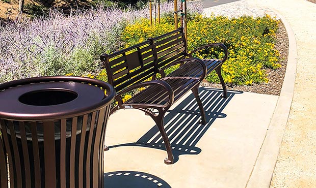 Schenley Bench with Back and Harmony Litter Receptacle along the trail