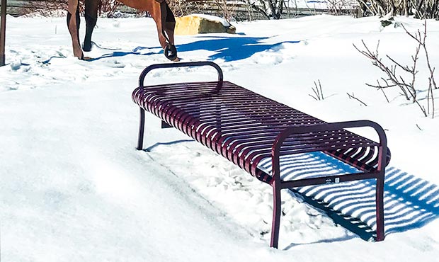 A single Lamplighter Bench on a quiet main street