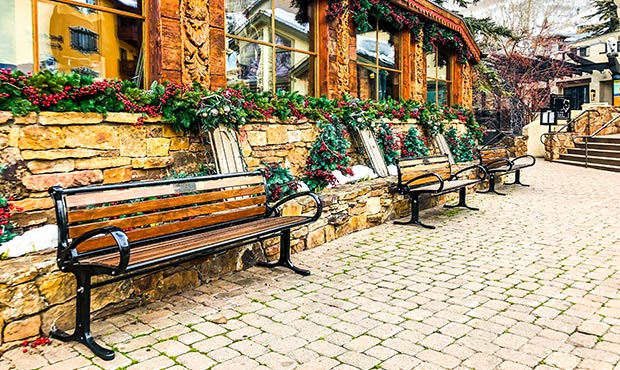 Robinson Benches stationed outside a ski lodge