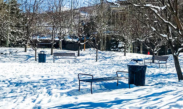 Benches and receptacles in a ski village