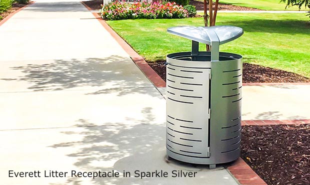 Everett Litter Receptacle in sparkle silver on campus