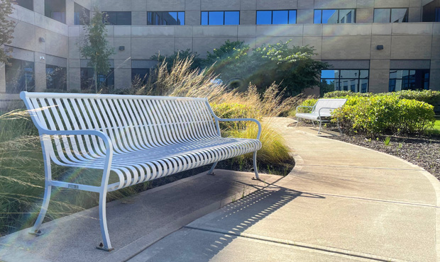 Picture of Keystone Ridge Designs Product on Site - Grey Pullman Bench Near Sidewalk