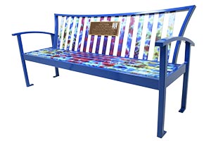 Memorial KeyshieldArt tie-dye slats on an Exeter Bench with plaque