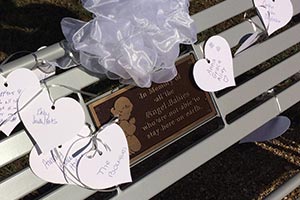 Cast bronze plaque on a colorful Atlanta Bench with Back