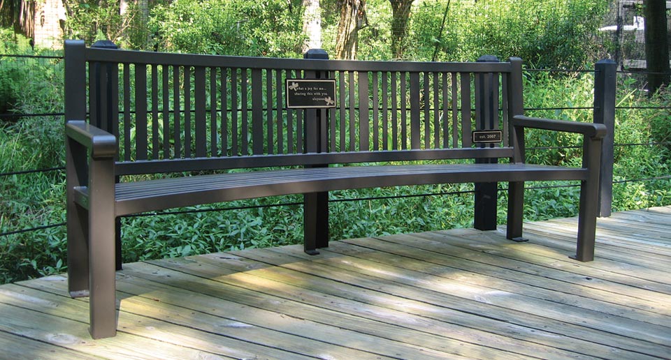 Custom Curved Reading Bench with Back and cast bronze plaque