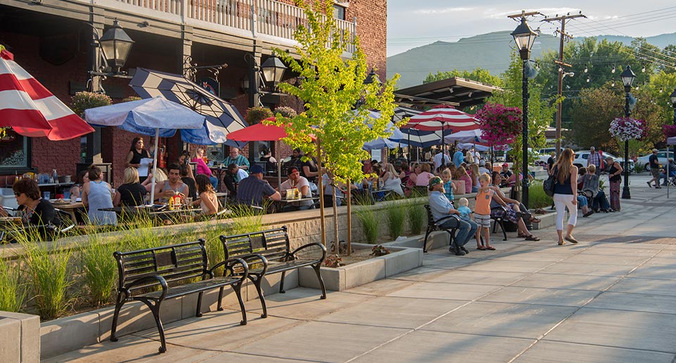 Schenley Benches with Back outside an open air restaurant