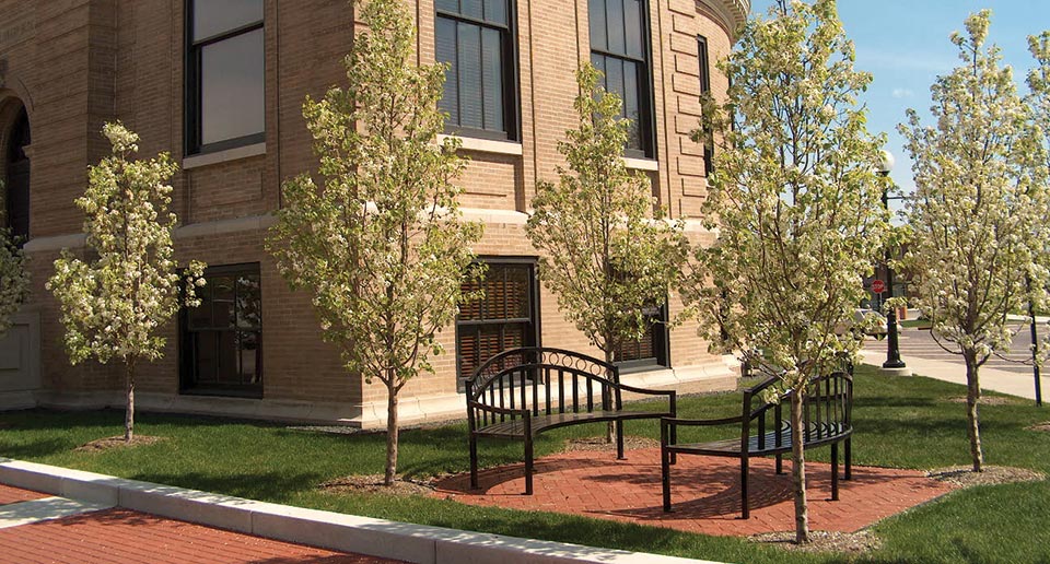 Curved Atlanta Benches with Back form a congregating area outside a local building