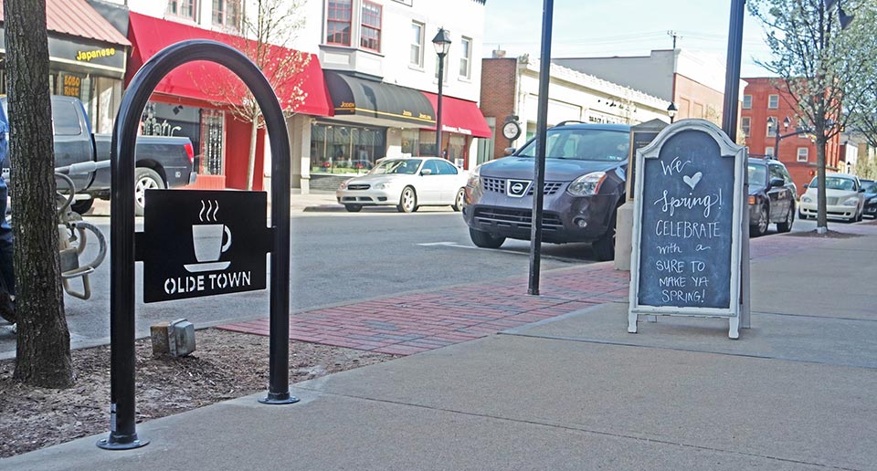 Sonance 1-Loop Bike Rack with a laser cut logo design