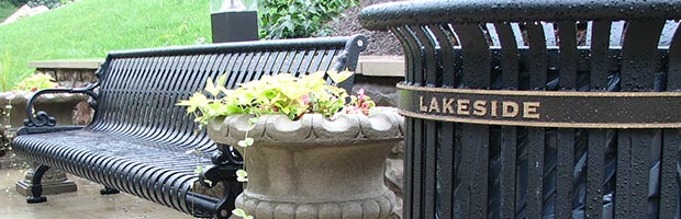 Historic Lamplighter bench and Midtown receptacle with plaque