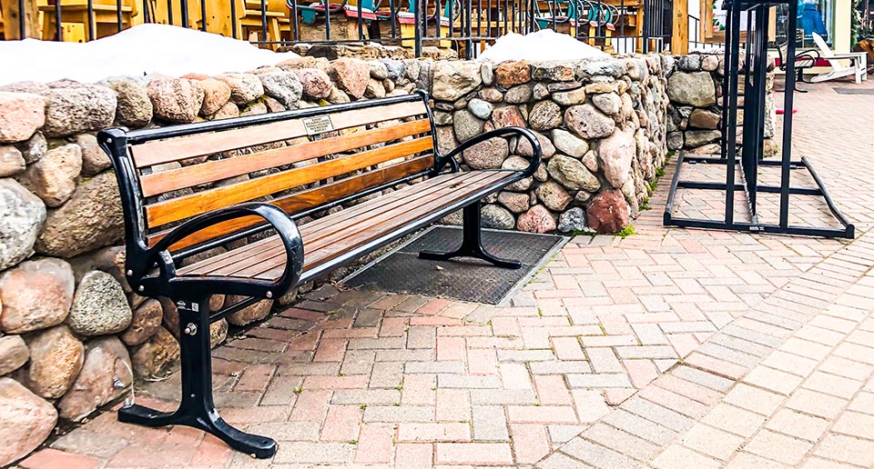 Robinson Bench with Back and Atlanta Bike Ski Rack at a ski resort